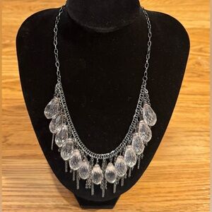Vintage Crystal Teardrop Dangle Necklace With Black Chains - Adjustable 20.5”